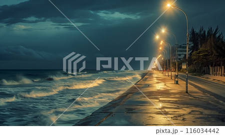 A beachside street where streetlights blend with gentle waves, creating a uniquely magical nocturnal scene. 116034442