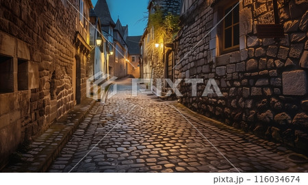 A cobblestone street in an old European town, with streetlights highlighting historic walls' charm. 116034674