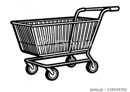 A shopping cart is shown in black and white 116034702