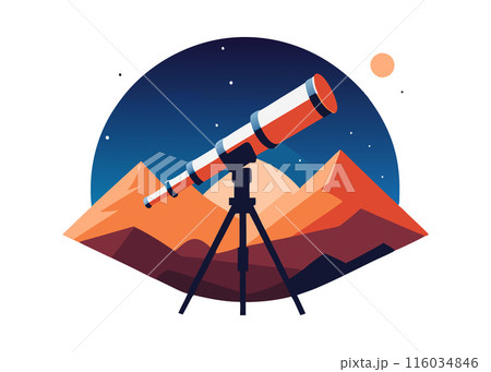 A telescope is set up on a tripod in front of a mountain range A telescope is set up on a tripod in front of a mountain range 116034846