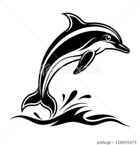 Black and white dolphin illustration jumping out of water with splash 116035075