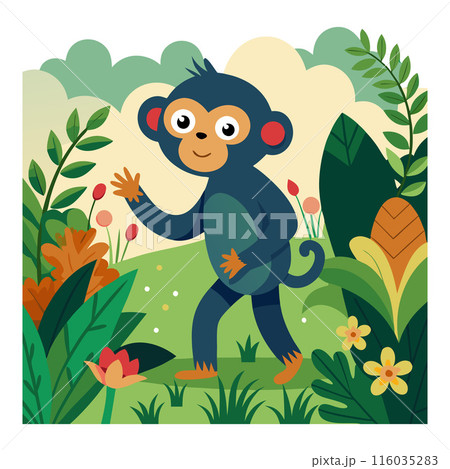 Cute cartoon monkey walking in vibrant jungle surrounded by colorful plants and flowers 116035283