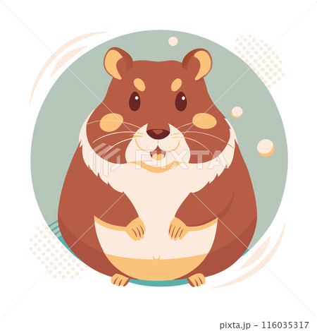 Cute cartoon hamster illustration featuring a happy, smiling rodent character with a chubby body 116035317