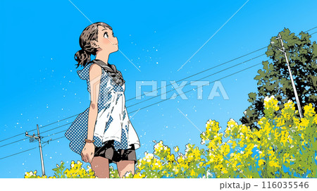 黄色い花畑から空を見上げている少女(差替）