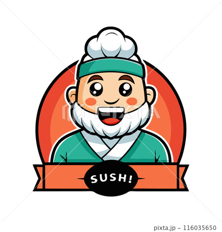 Cute cartoon sushi chef mascot with happy expression and banner logo design 116035650