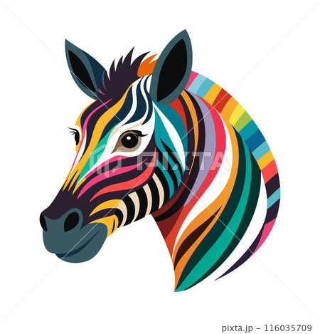 A zebra with a colorful mane and a black nose A zebra with a colorful mane and a black nose 116035709