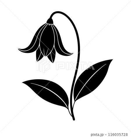 A flower with a stem and leaves is shown in black and white 116035728