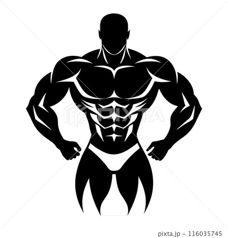 A muscular man is flexing his muscles in a black and white drawing A muscular man is flexing his muscles in a black and white drawing 116035745