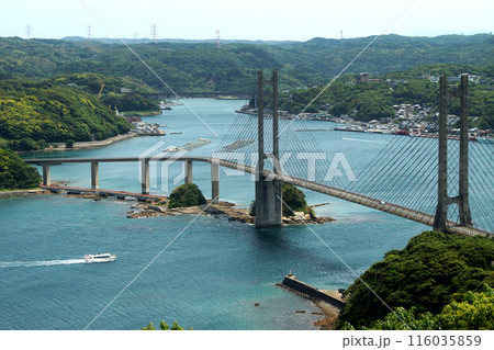 佐賀県唐津市呼子「風の見える丘公園」展望台の眺望 呼子大橋と玄海灘の海 佐賀県唐津市呼子「風の見える丘公園」展望台の眺望 呼子大橋と玄海灘の海 116035859
