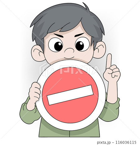 Cartoon Boy Holding No Entry Sign Illustration 116036115