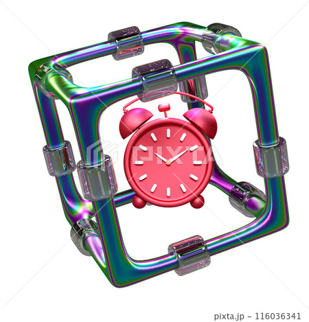 3d cartoon character alarm clock wake up time morning in metal box. schedule appointment concept, 3d illustration render 116036341