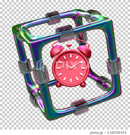 3d cartoon character alarm clock wake up time morning in metal box. schedule appointment concept, 3d illustration render 116036341