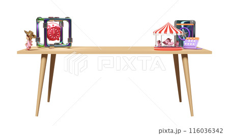 3d desk in office with toy, book, calendar, alarm clock isolated. 3d render illustration 116036342