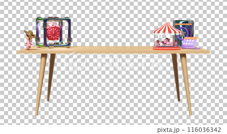 3d desk in office with toy, book, calendar, alarm clock isolated. 3d render illustration 3d desk in office with toy, book, calendar, alarm clock isolated. 3d render illustration 116036342