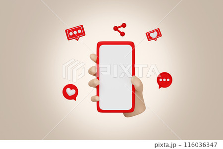 hands hold mobile phone, smartphone with social media, chat bubble talk isolated on pink background. 3d illustration render 116036347