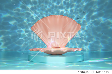 Underwater ocean with podium empty, shellfish, reflect sunlight on surface. reflecting sparkling light on background. cosmetic display product stage concept, 3d illustration render 116036349