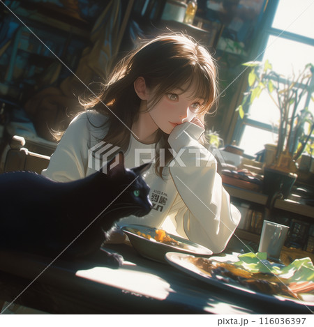 黒猫と一緒に朝ごはんを食べる女性 116036397