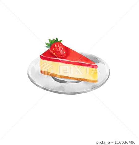 皿に乗せた苺のレアチーズケーキの水彩イラスト 白背景の切り抜きの