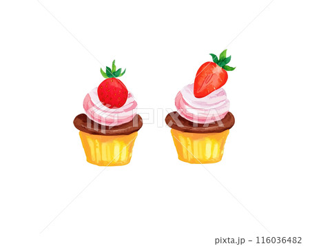 苺とクリームのカップケーキの水彩イラスト　白背景の切り抜き 116036482