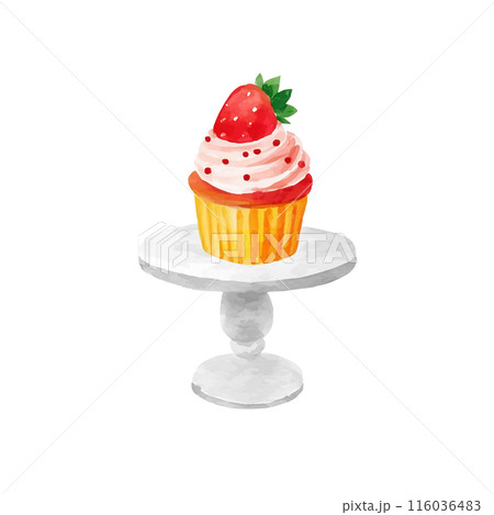 苺とクリームのカップケーキの水彩イラスト　白背景の切り抜き 116036483