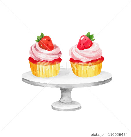 苺とクリームのカップケーキの水彩イラスト　白背景の切り抜き 116036484