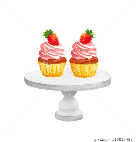 苺とクリームのカップケーキの水彩イラスト　白背景の切り抜き 116036485