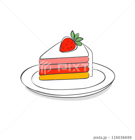 皿に乗せたいちごケーキのラフなタッチの手描き風イラスト　白背景の切り抜き 116036699