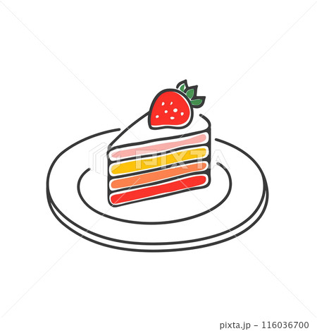 皿に乗せたいちごケーキのラフなタッチの手描き風イラスト 白背景の切り抜き 皿に乗せたいちごケーキのラフなタッチの手描き風イラスト 白背景の切り抜き 116036700