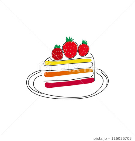 皿に乗せたいちごケーキのラフなタッチの手描き風イラスト　白背景の切り抜き 116036705