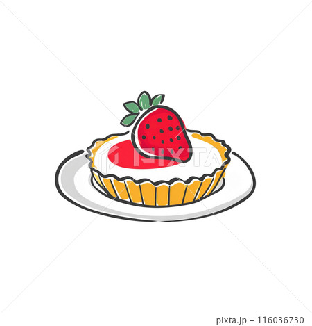 皿に乗せたいちごタルトのラフなタッチの手描き風イラスト 白背景の