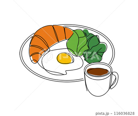 クロワッサンと目玉焼きとサラダとコーヒーの朝食セットのラフなタッチの手描きイラスト 白背景の切り抜き クロワッサンと目玉焼きとサラダとコーヒーの朝食セットのラフなタッチの手描きイラスト 白背景の切り抜き 116036828