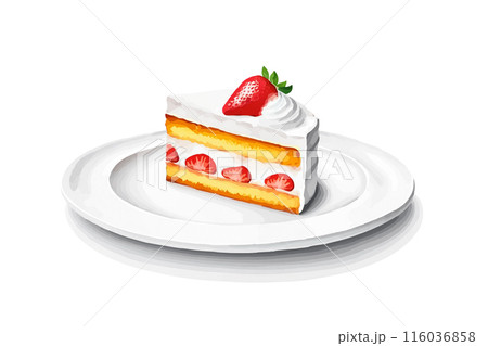 皿に乗せた苺ケーキの水彩イラスト　白背景の切り抜き 116036858