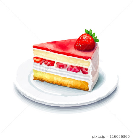 皿に乗せた苺ケーキの水彩イラスト　白背景の切り抜き 116036860