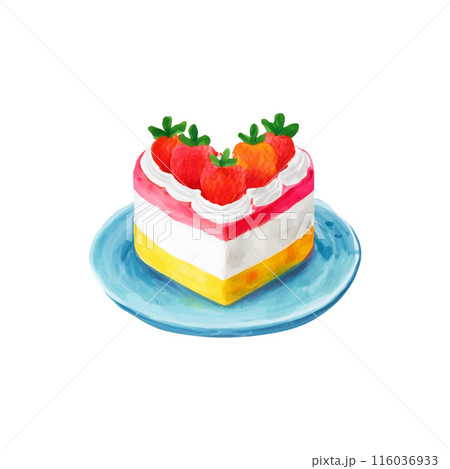 ハート型の苺ケーキの水彩イラスト 白背景の切り抜き ハート型の苺ケーキの水彩イラスト 白背景の切り抜き 116036933