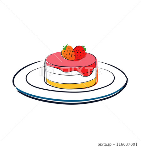皿に乗せたいちごケーキのラフなタッチの手描き風イラスト 白背景の切り抜き 皿に乗せたいちごケーキのラフなタッチの手描き風イラスト 白背景の切り抜き 116037001