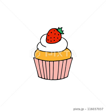 いちごとホイップクリームのカップケーキのラフなタッチの手描き風イラスト　白背景の切り抜き 116037037