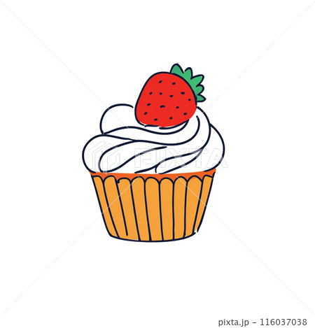 いちごとホイップクリームのカップケーキのラフなタッチの手描き風イラスト　白背景の切り抜き 116037038