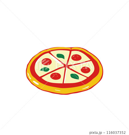トマトとチーズとバジルのピザマルゲリータのシンプルなアイコンイラスト　白背景の切り抜き 116037352
