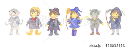 ハロウィンの仮装をする子供たちの水彩タッチのベクターイラスト 116038118