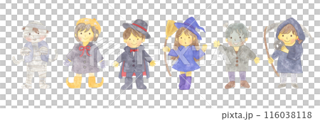 ハロウィンの仮装をする子供たちの水彩タッチのベクターイラスト 116038118