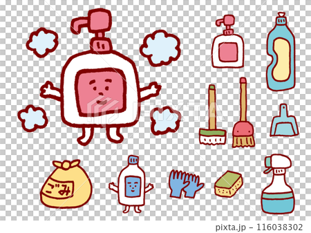 日用品や掃除用具などのかわいいキャライラスト 116038302