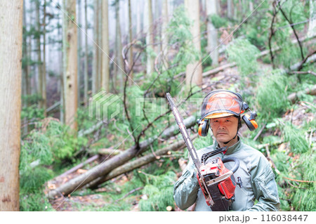 仕事場の山林をバックにチェンソーを携える林業従事者 116038447