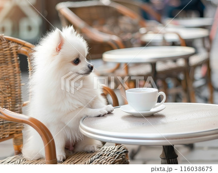 Pomeranian Spitz Puppy at a Café with a Coffee Cup 116038675