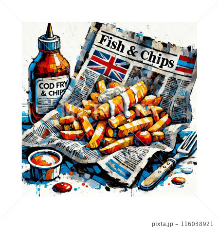 在りし日の英国フィッシュアンドチップス、テイクアウト 油絵風 Generative AI 在りし日の英国フィッシュアンドチップス、テイクアウト 油絵風 Generative AI 116038921