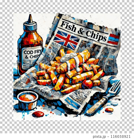 在りし日の英国フィッシュアンドチップス、テイクアウト 油絵風 Generative AI 在りし日の英国フィッシュアンドチップス、テイクアウト 油絵風 Generative AI 116038921