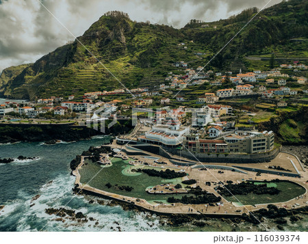 aerial View of Porto Moniz, Madeira, Portugal, Europe. aerial View of Porto Moniz, Madeira, Portugal, Europe. 116039374