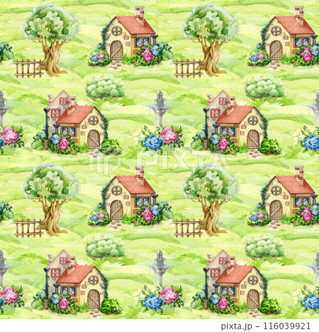 Garden landscape view seamless pattern. Watercolor vintage style illustration. Painted cute garden house, lush green lawn, flowers, old tree elements. Cozy village landscape view seamless pattern 116039921