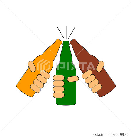 Clink, cheers and toasting with beer bottles. Three bottles of beer in hands. Clink, cheers and toasting with beer bottles. Three bottles of beer in hands. 116039980