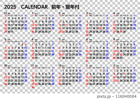 2025 年曆 | 15 個月 | 包括去年和明年 7 日曆 116040084