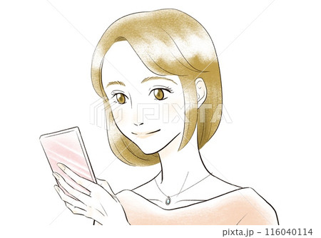 笑顔でスマートフォンを見る女性 笑顔でスマートフォンを見る女性 116040114